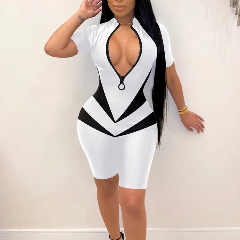 Colorblock Short Sleeve Zipper Design Romper