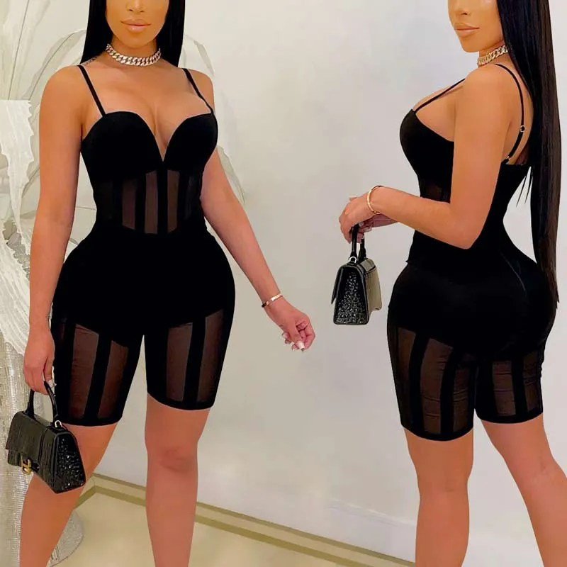 Solid Sleeveless Spaghetti Strap Sheer Mesh Romper