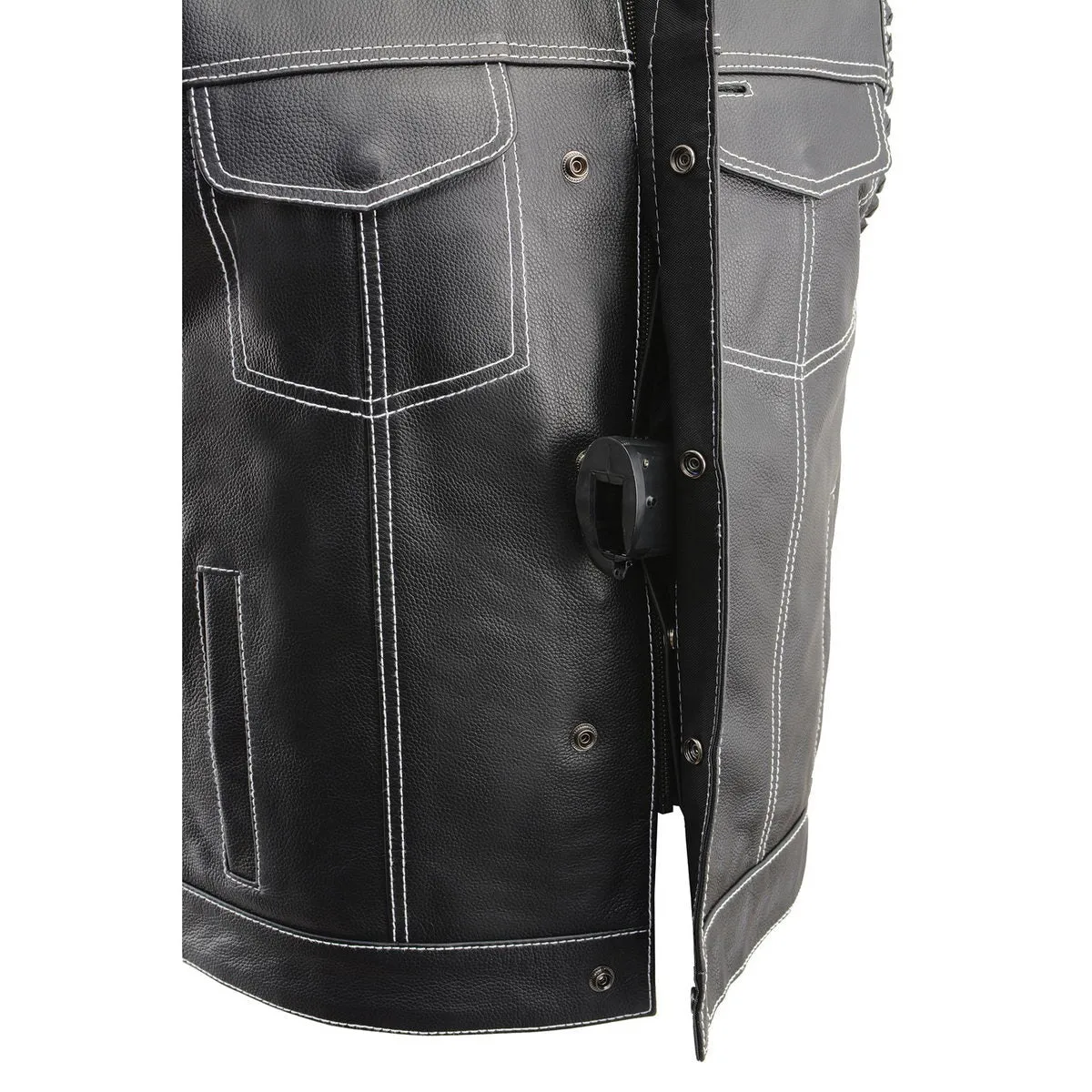 White Stitching MLM3509 Men's Black Naked Leather Vest - Old Glory Laced Armholes White Stitching Club Style Vest